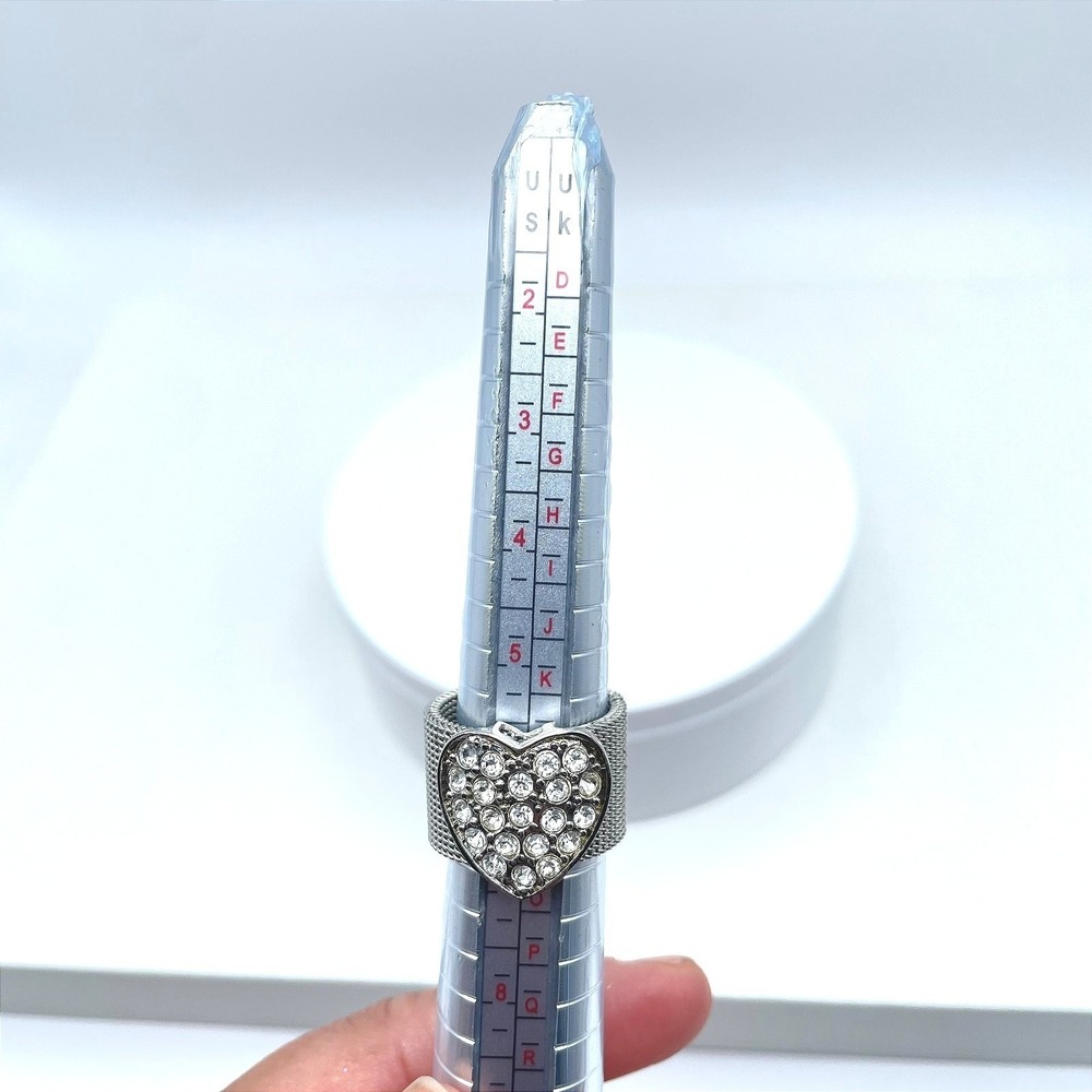 Silver-Tone Mesh Style Pave Rhinestone Heart-Shaped Top Class Band Cocktail Ring - Picture 8 of 8